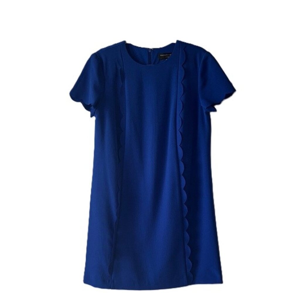 Tahari Levine Studio Shift Dress Blue Scalloped Size 10 Short Sleeve